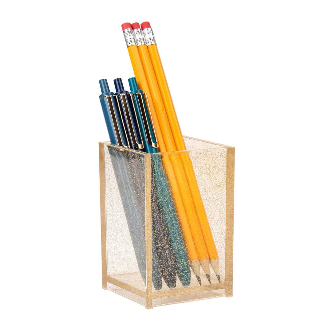 Maison Sucasa Pen Cup, Accessory Holder, Desktop Organization, Office, Acrylic, 2.5″ L x 2.5″ W x 4″ H, Gold